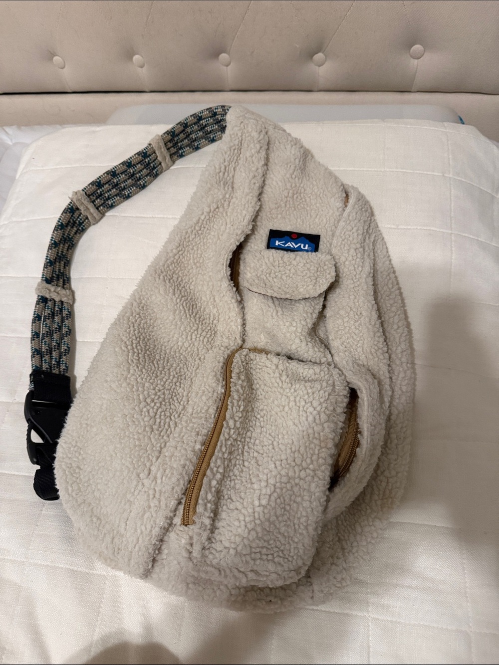 Kavu Cream Sherpa Crossbody Sling with Patterned Rope Strap